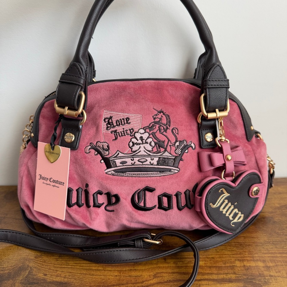 New Juicy Couture Juicy Crown Red Pink Brown Satchel Crossbody Handbag Y2K Charm